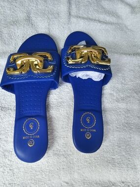 Women's Blue Slide Sandals with Gold Chain Accent